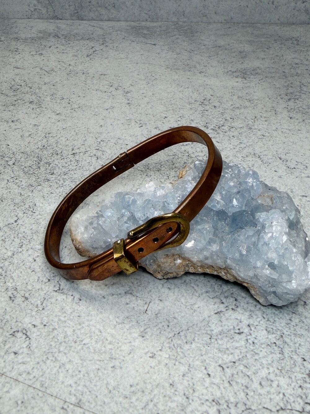 Vintage Mexico Brass & Copper Buckle Bracelet 70s Souvenir Tourist Metal Belt